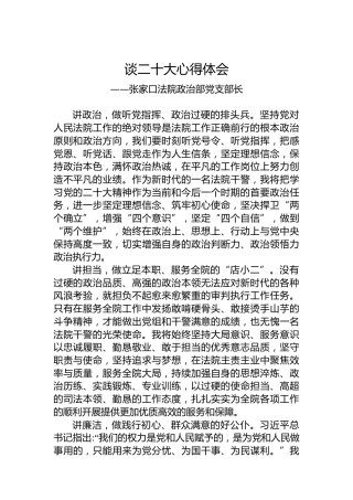 张家口法院政治部党支部长谈二十大心得体会（20221025）