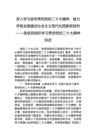 深入学习宣传贯彻党的二十大精神、奋力夺取全面建设社会主义现代化国家新胜利——各级党组织学习贯彻党的二十大精神综述（20221128）（盛会）