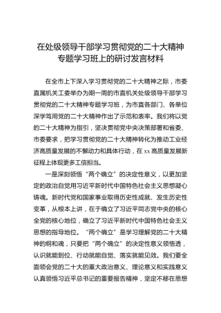 在处级领导干部学习贯彻党的二十大精神专题学习班上的研讨发言材料（盛会）