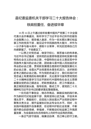县纪委监委机关干部学习二十大报告体会：铁肩担重任、奋进续华章（20221020）