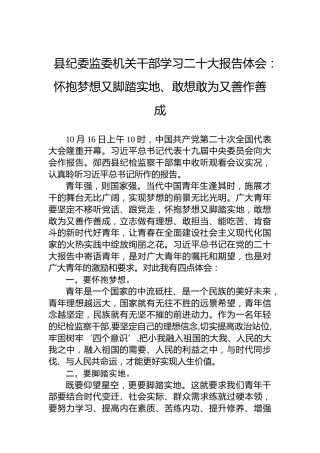 县纪委监委机关干部学习二十大报告体会：怀抱梦想又脚踏实地、敢想敢为又善作善成（20221020）