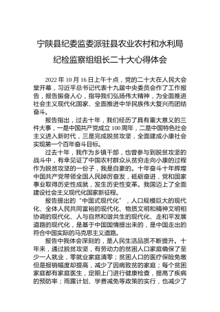 宁陕县纪委监委派驻县农业农村和水利局纪检监察组组长二十大心得体会（20221018）