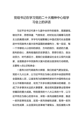 党组书记在学习党的二十大精神中心组学习会上的讲话（盛会）
