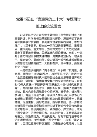 党委书记在“喜迎党的二十大”专题研讨班上的交流发言