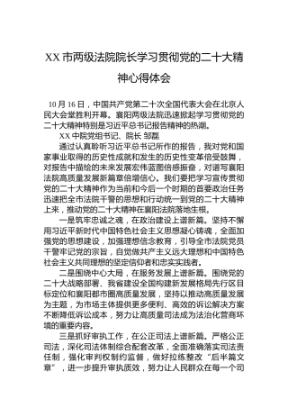 XX市两级法院院长学习贯彻党的二十大精神心得体会（20221018）