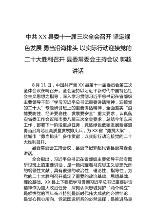 中共XX县委十一届三次全会召开坚定绿色发展勇当沿海排头以实际行动迎接党的二十大胜利召开县委常委会主持会议郭超讲话（20220817）