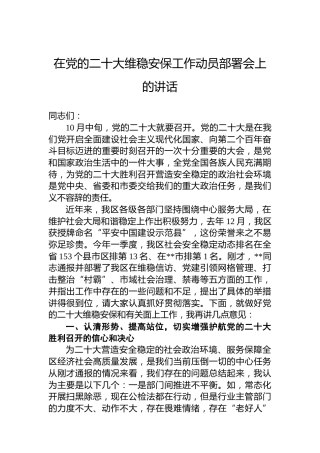 在党的二十大维稳安保工作动员部署会上的讲话