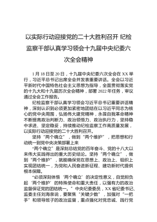以实际行动迎接党的二十大胜利召开纪检监察干部认真学习领会十九届中央纪委六次全会精神