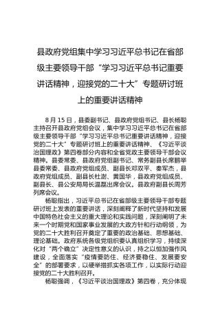 县政府党组集中学习习近平总书记在省部级主要领导干部“学习习近平总书记重要讲话精神，迎接党的二十大”专题研讨班上的重要讲话精神(20220816)