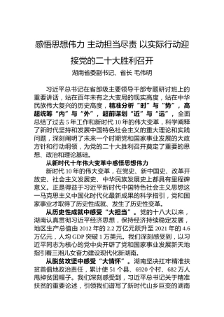 湖南省长毛伟明署名文章：感悟思想伟力主动担当尽责以实际行动迎接党的二十大胜利召开