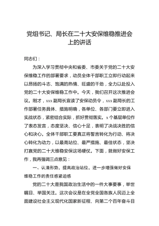 党组书记、局长在二十大安保维稳推进会上的讲话