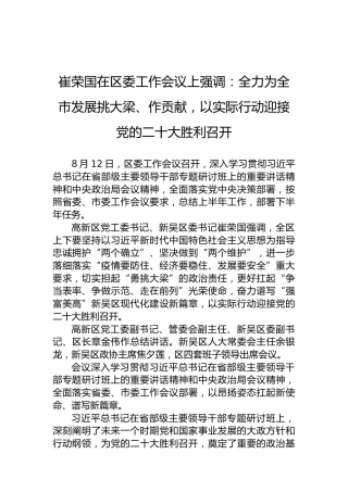 崔荣国在区委工作会议上强调：全力为全市发展挑大梁、作贡献，以实际行动迎接党的二十大胜利召开(20220812)