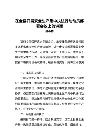 魏小林：在全县开展安全生产集中执法行动动员部署会议上的讲话