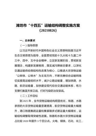 潍坊市“十四五”运输结构调整实施方案（20210826）