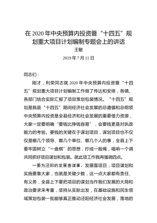 王敏：在2020年中央预算内投资暨“十四五”规划重大项目计划编制专题会上的讲话