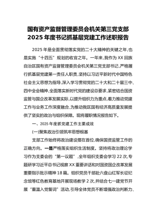 国有资产监督管理委员会机关第三党支部2025年度书记抓基层党建工作述职报告