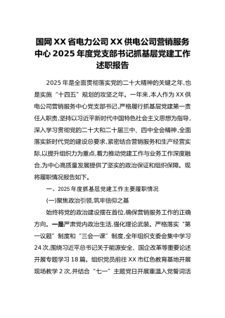 国网XX省电力公司XX供电公司营销服务中心2025年度党支部书记抓基层党建工作述职报告