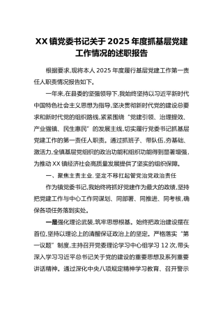 XX镇党委书记关于2025年度抓基层党建工作情况的述职报告