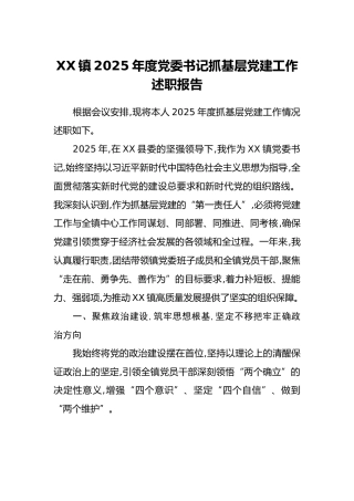 XX镇2025年度党委书记抓基层党建工作述职报告