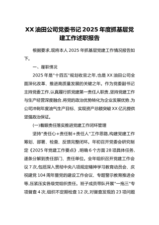 XX油田公司党委书记2025年度抓基层党建工作述职报告