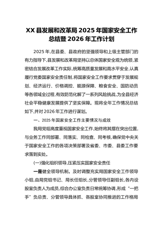 XX县发展和改革局2025年国家安全工作总结暨2026年工作计划