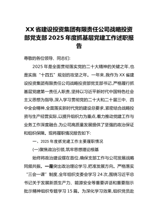 XX省建设投资集团有限责任公司战略投资部党支部2025年度抓基层党建工作述职报告