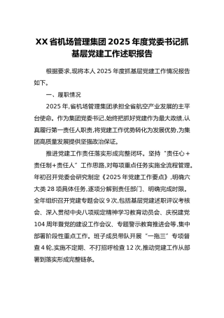 XX省机场管理集团2025年度党委书记抓基层党建工作述职报告