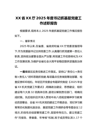 XX省XX厅2025年度书记抓基层党建工作述职报告