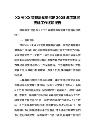 XX省XX管理局党组书记2025年度基层党建工作述职报告