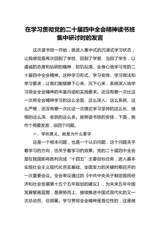 在学习贯彻党的二十届四中全会精神读书班集中研讨时的发言