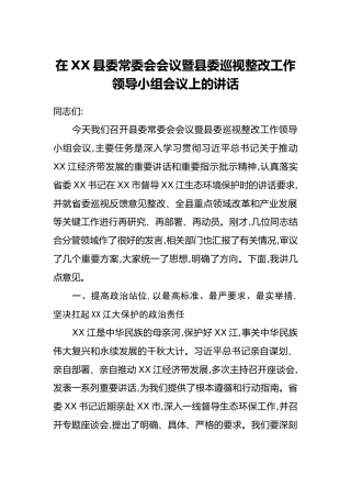在XX县委常委会会议暨县委巡视整改工作领导小组会议上的讲话