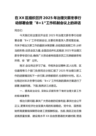 在XX区组织召开2025年治理欠薪冬季行动部署会暨“81”工作机制会议上的讲话