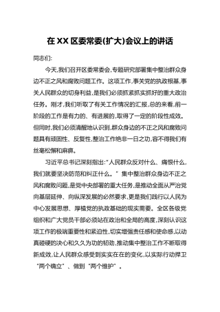 在XX区委常委(扩大)会议上的讲话