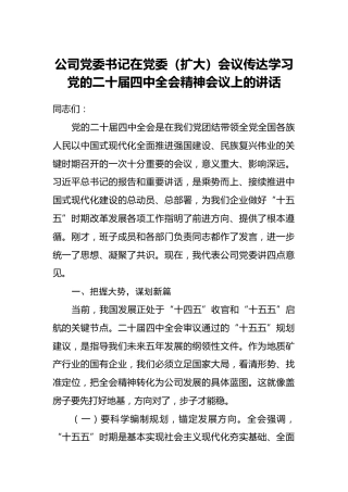 公司党委书记在党委（扩大）会议传达学习党的二十届四中全会精神会议上的讲话