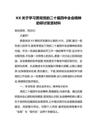 XX关于学习贯彻党的二十届四中全会精神的研讨发言材料