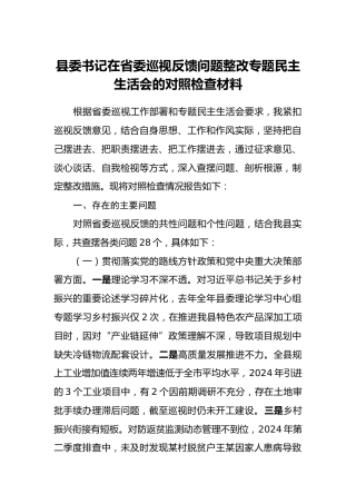 县委书记在省委巡视反馈问题整改专题民主生活会的对照检查材料