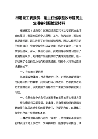 街道党工委委员、副主任巡察整改专题民主生活会对照检查材料