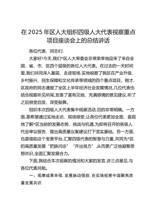 在2025年区人大组织四级人大代表视察重点项目座谈会上的总结讲话