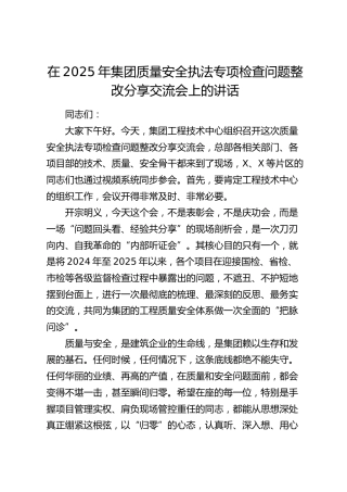 在2025年公司质量安全执法专项检查问题整改分享交流会上的讲话