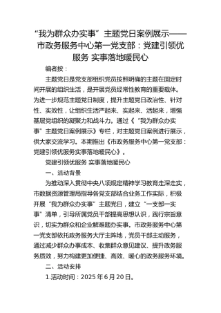 主题党日案例展示——市政务服务中心第一党支部：党建引领优服务 实事落地暖民心
