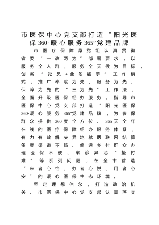 市医保中心党支部打造“阳光医保360·暖心服务365”党建品牌