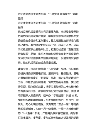 市纪委监委机关党委打造 “五星党建 锻造铁军”党建品牌