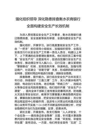强化组织领导深化隐患排查衡水农商银行全面构建安全生产长效机制