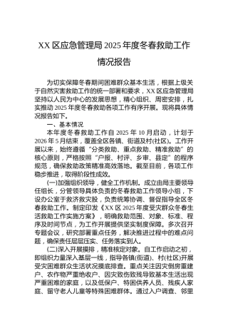 XX区应急管理局2025年度冬春救助工作情况报告