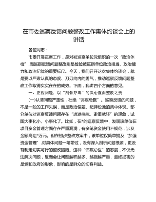 在市委巡察反馈问题整改工作集体约谈会上的讲话