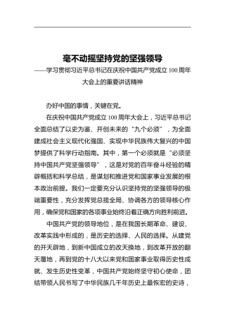 毫不动摇坚持党的坚强领导——学习贯彻习近平总书记在庆祝中国共产党成立100周年大会上的重要讲话精神