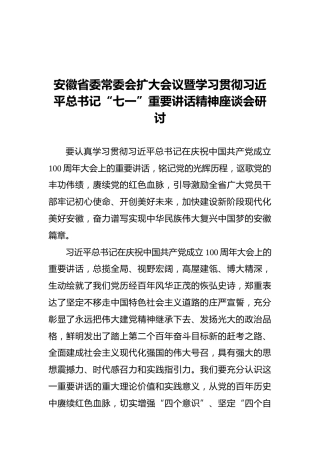 安徽省委常委会扩大会议暨学习贯彻习近平总书记“七一”重要讲话精神座谈会研讨