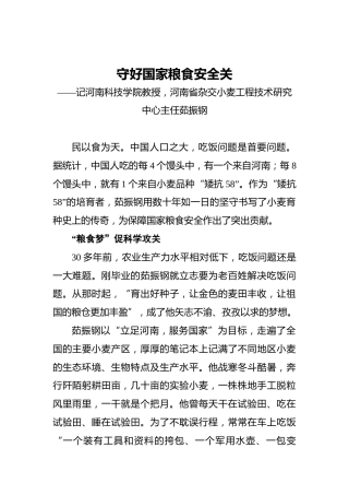 守好国家粮食安全关——记河南科技学院教授，河南省杂交小麦工程技术研究中心主任茹振钢