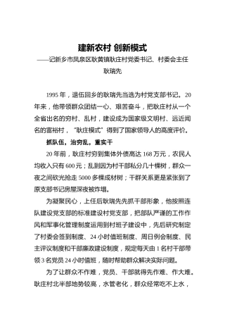 建新农村创新模式——记新乡市凤泉区耿黄镇耿庄村党委书记、村委会主任耿瑞先