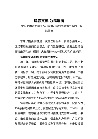 建强支部为民造福——记拉萨市堆龙德庆区乃琼镇乃琼村党委第一书记、书记普琼